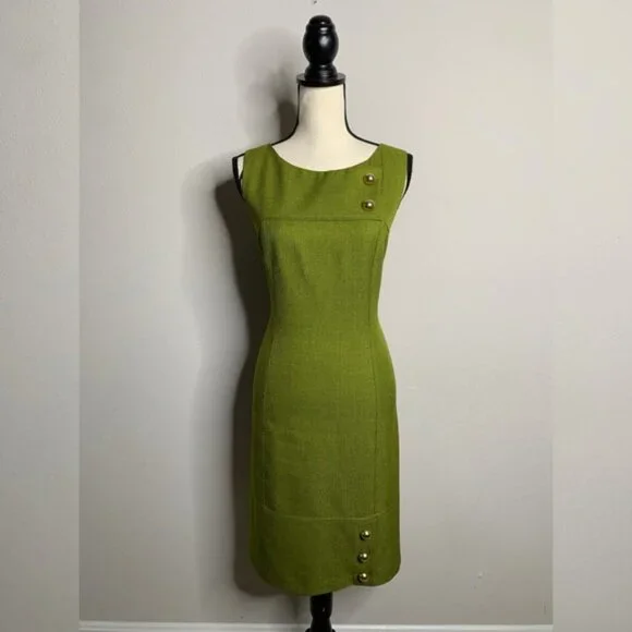 David Meister Olive Green Button Detail Sheath Dress - Picture 2 of 14